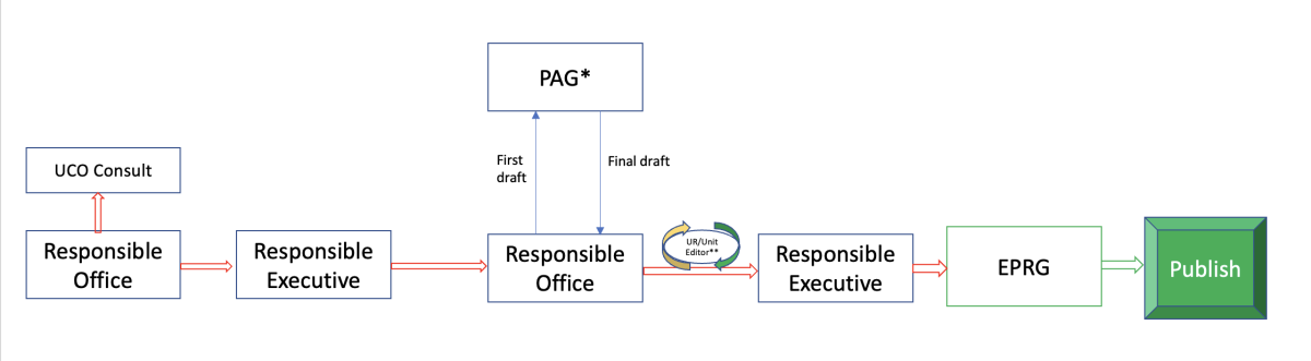 Workflow depiction of standard process to create or revise a policy. Details are described below.